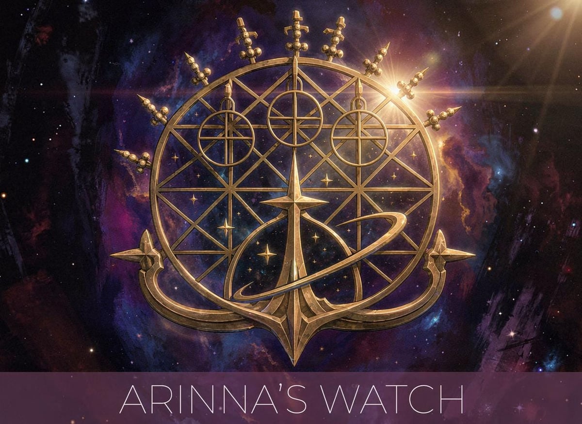 Arinna's Watch — bronze celestial emblem on a painted nebula